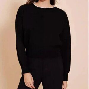 NWT Womens Lucy Paris 72 Black Long Sleeve Carlota Pearl Bead Collar Sweater S